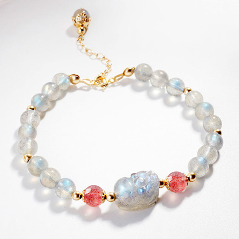 Fortune Jewel Moonstone Strawberry Quartz PiXiu Healing Bracelet