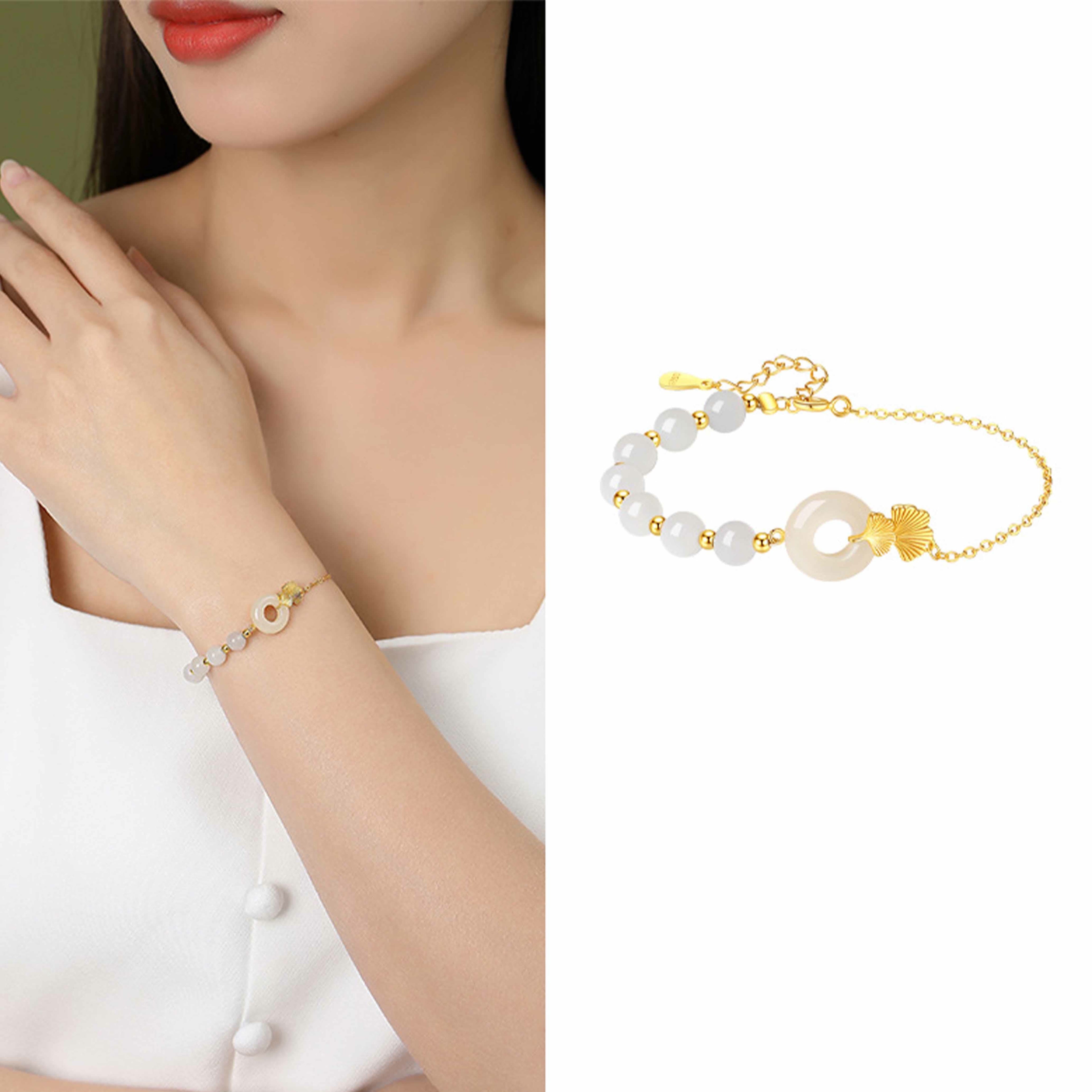 Fortune Jewel 925 Sterling Silver Hetian White Jade Peace Buckle Ginkgo Leaf Luck Bracelet