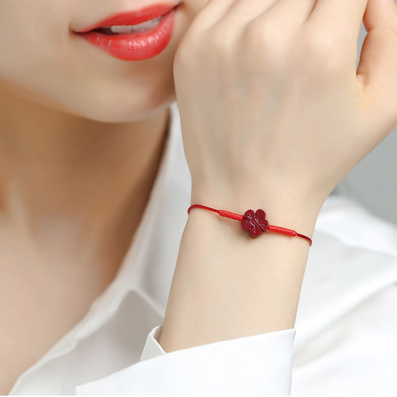Fortune Jewel Handmade Plum Blossom Four Leaf Clover PiXiu Lotus Koi Fish Cinnabar Blessing Braid Bracelet