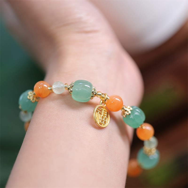 Fortune Jewel Natural Golden Silk Jade Pumpkin Bead Fu Character Charm Wealth Bracelet
