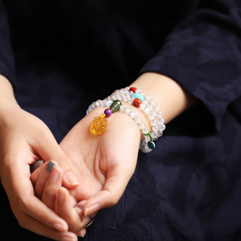 Fortune Jewel 108 Mala Beads Moonstone Amber Lotus Turquoise Crystal Healing Bracelet