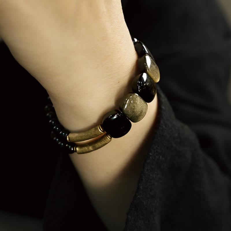 Fortune Jewel Black Obsidian Gold Sheen Obsidian Strengthen Bracelet