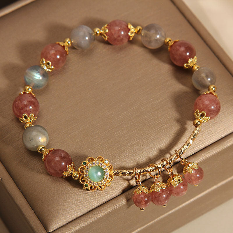 Fortune Jewel Strawberry Quartz Moonstone Healing Tassel Charm Bracelet