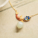 Fortune Jewel White Jade Koi Fish Lotus Copper Protection Necklace Pendant Fortune Jewel