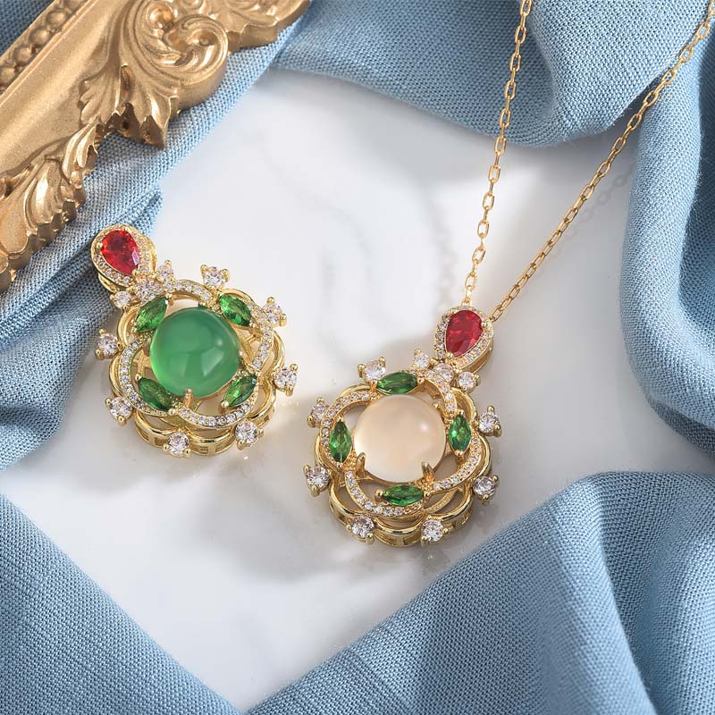 Fortune Jewel Cyan Jade Red Crystal Luck Necklace