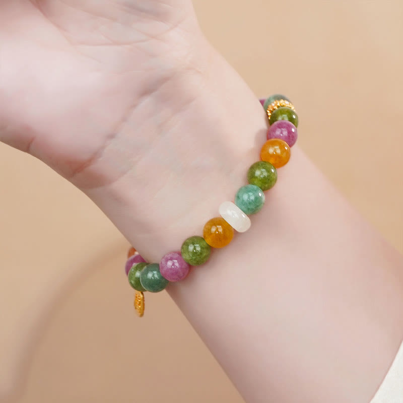 Fortune Jewel Colorful Tourmaline Chalcedony Positive Fu Character Charm Bracelet