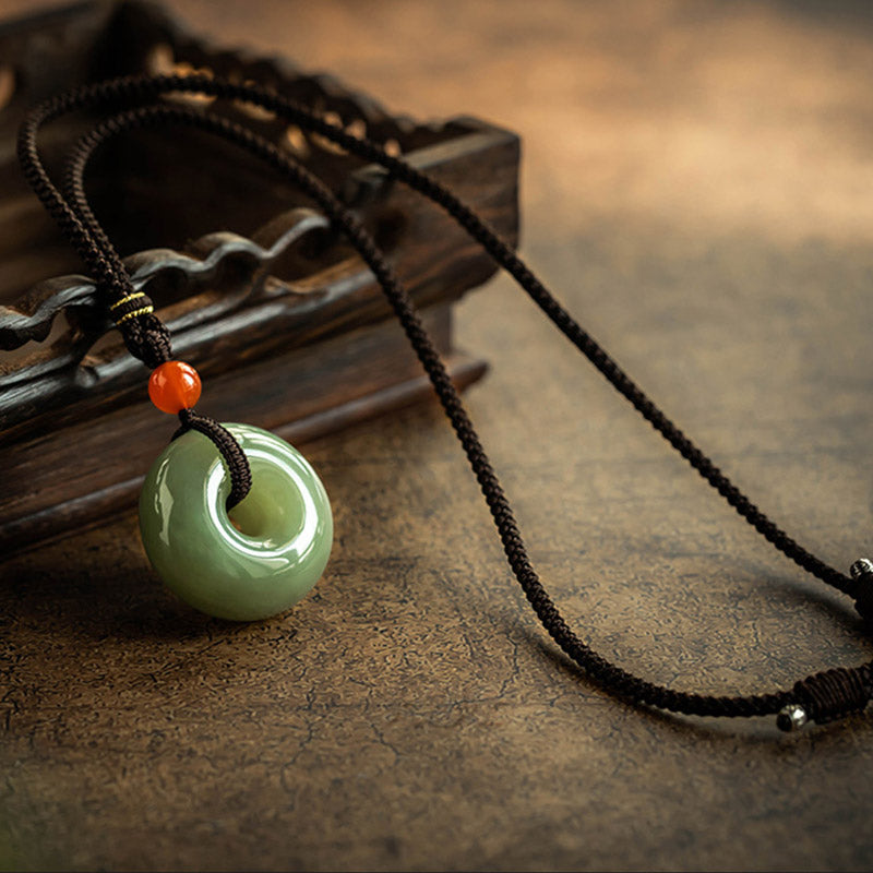 Fortune Jewel Natural Round Jade Gray Jade Peace Buckle Luck Necklace Pendant