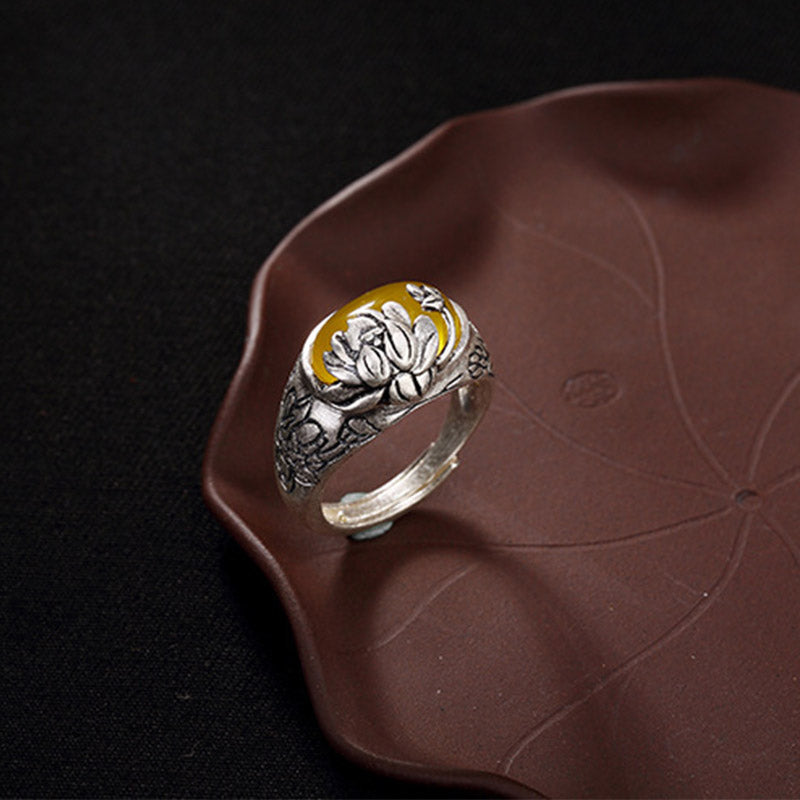 Fortune Jewel Citrine Lotus Blessing Protection Adjustable Ring