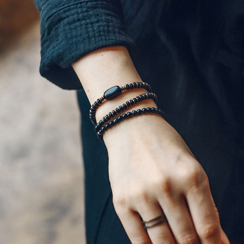 Fortune Jewel Rainbow Obsidian Ebony Wood Copper Healing Triple Wrap Bracelet