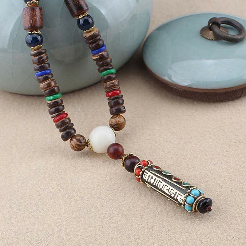 Fortune Jewel Tibetan Om Mani Padme Hum Dzi Bead Wenge Wood Necklace Pendant