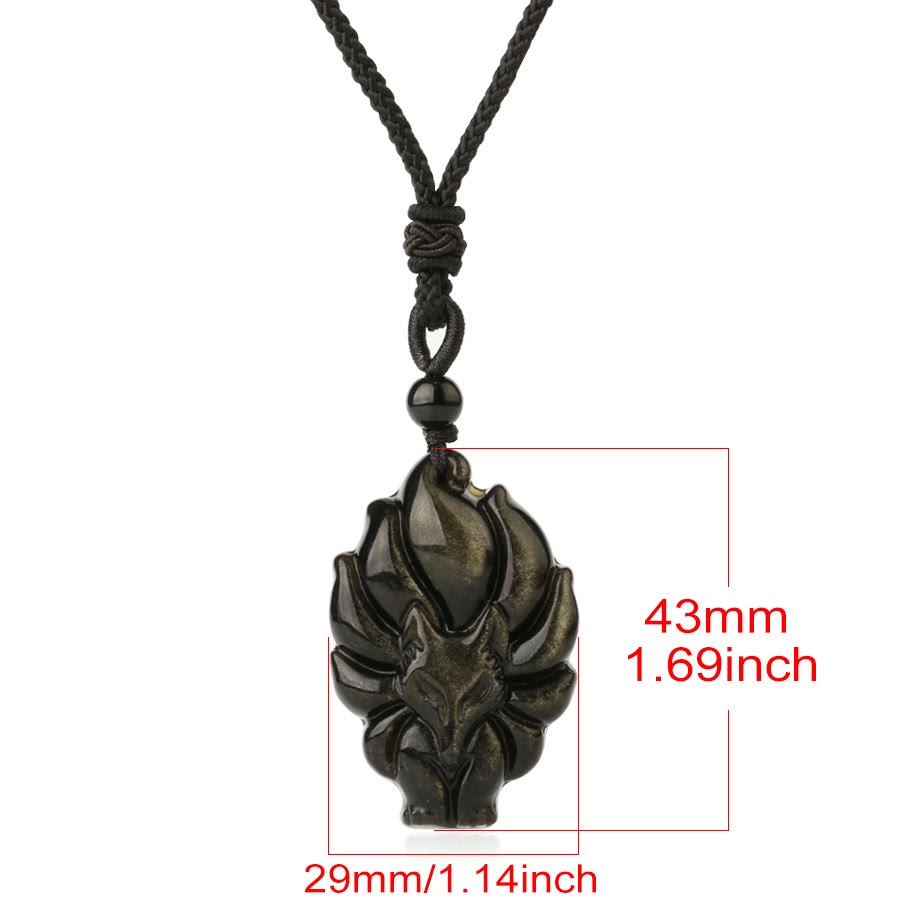 Fortune Jewel Natural Fluorite Gold Sheen Obsidian Fox Pendant Protection Necklace