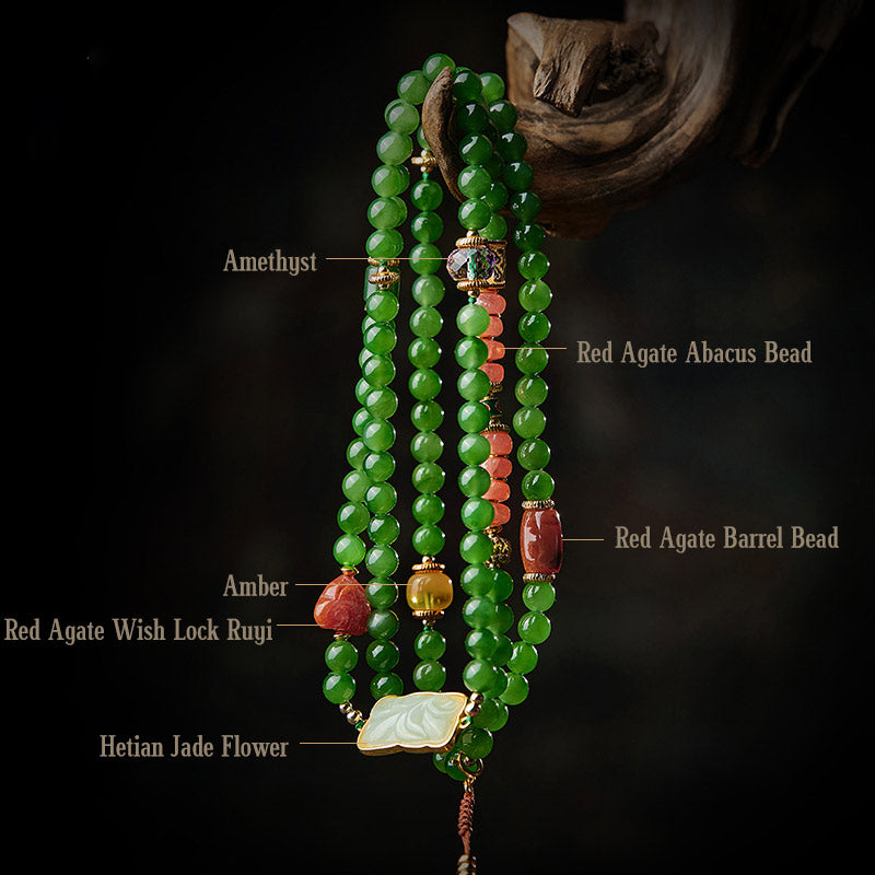 Fortune Jewel 108 Mala Beads Cyan Jade Red Agate Laughing Buddha Luck Bracelet Fortune Jewel