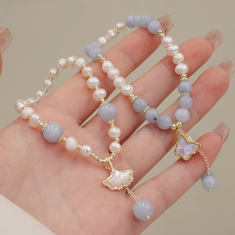 Fortune Jewel Natural Aquamarine Pearl Healing Ginkgo Leaf Butterfly Charm Bracelet