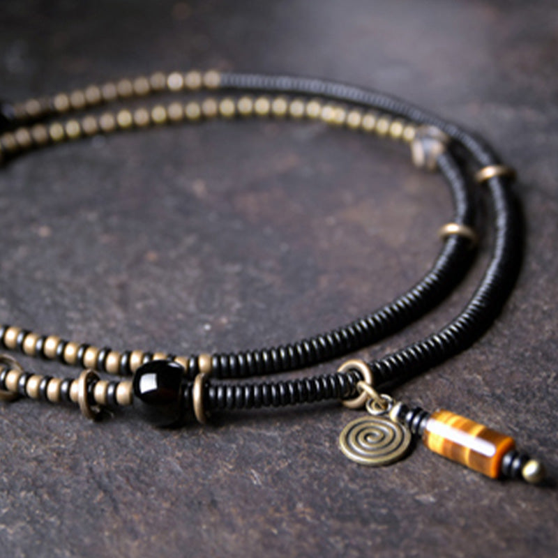 Fortune Jewel Ebony Wood Dzi Bead Copper Peace Couple Bracelet Necklace Pendant
