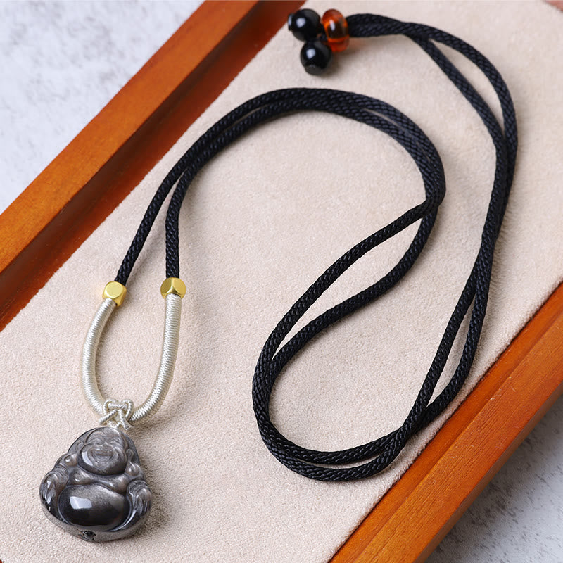 Fortune Jewel Natural Silver Sheen Obsidian Laughing Buddha Protection Necklace Pendant