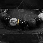 Fortune Jewel Black Obsidian Lava Rock Stone Yin Yang Strength Bracelet