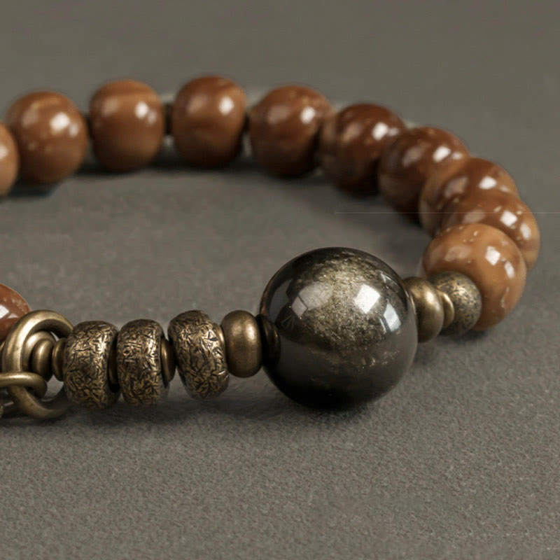 Fortune Jewel Kuka Seed Tiger Eye Gold Sheen Obsidian Brass Copper Wealth Luck Bracelet
