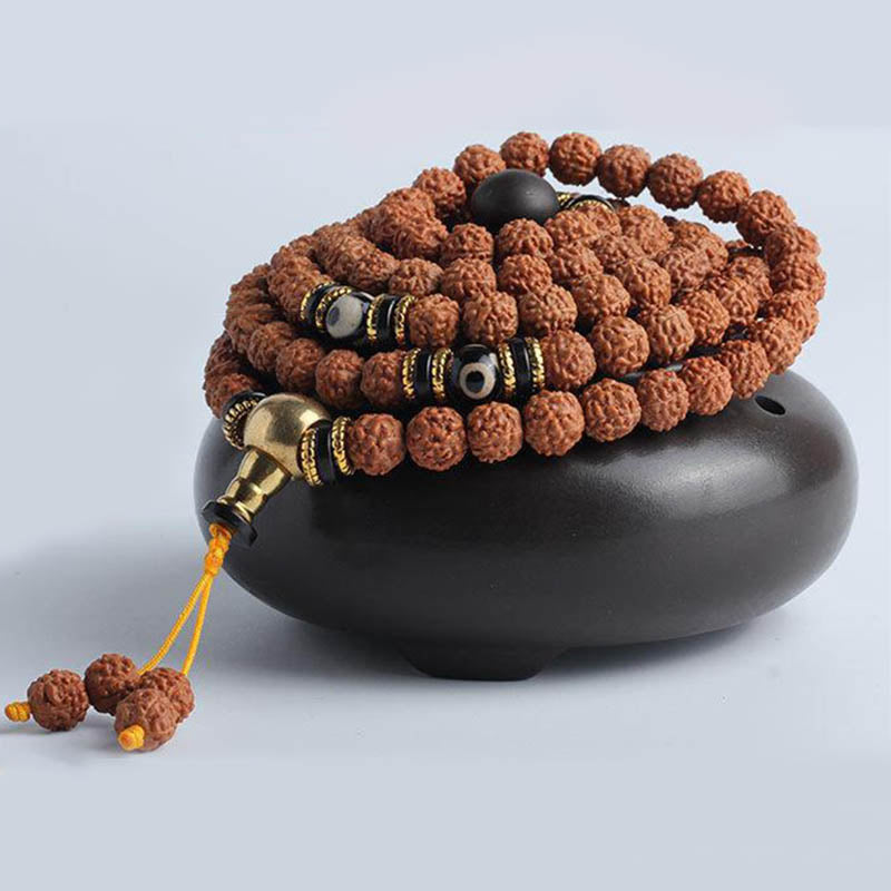 Fortune Jewel 108 Mala Beads Rudraksha Bodhi Seed Dzi Bead Luck Wealth Bracelet