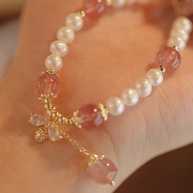 Fortune Jewel Natural Pearl Strawberry Quartz Healing Cute Honey Bee Charm Bracelet