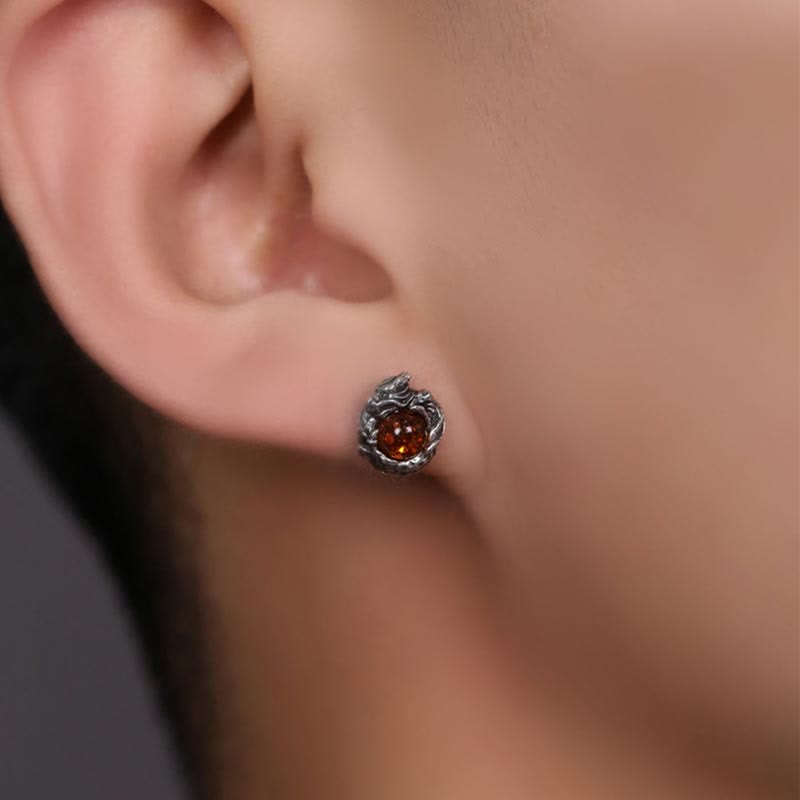 Fortune Jewel 925 Sterling Silver Natural Amber Dragon Success Protection Stud Earring