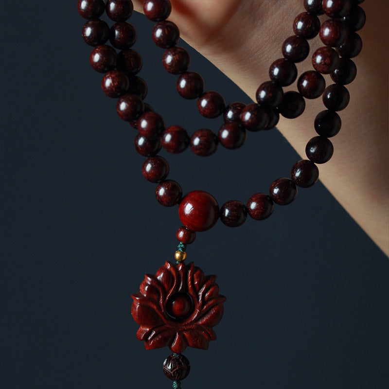 Fortune Jewel Tibetan Small Leaf Red Sandalwood Lotus Mala Balance Bracelet