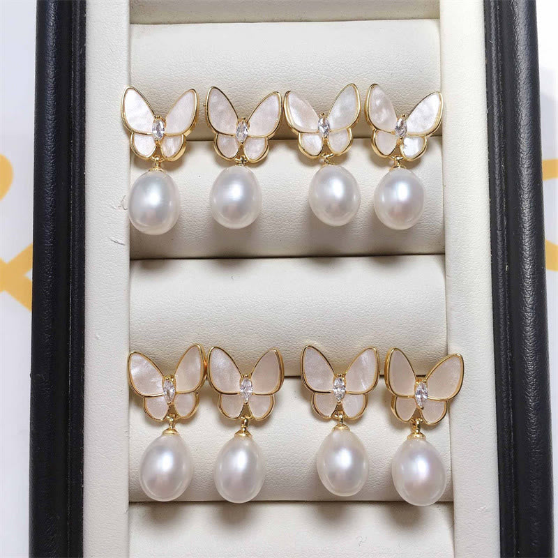Fortune Jewel 925 Sterling Silver Posts 18K Gold Plated Copper Pearl Butterfly Optimism Stud Earrings