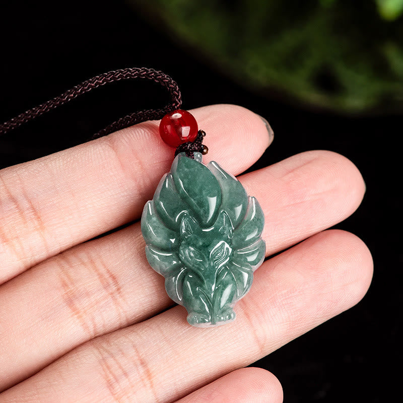 Fortune Jewel Natural Green Jade Nine Tailed Fox Luck Necklace Pendant