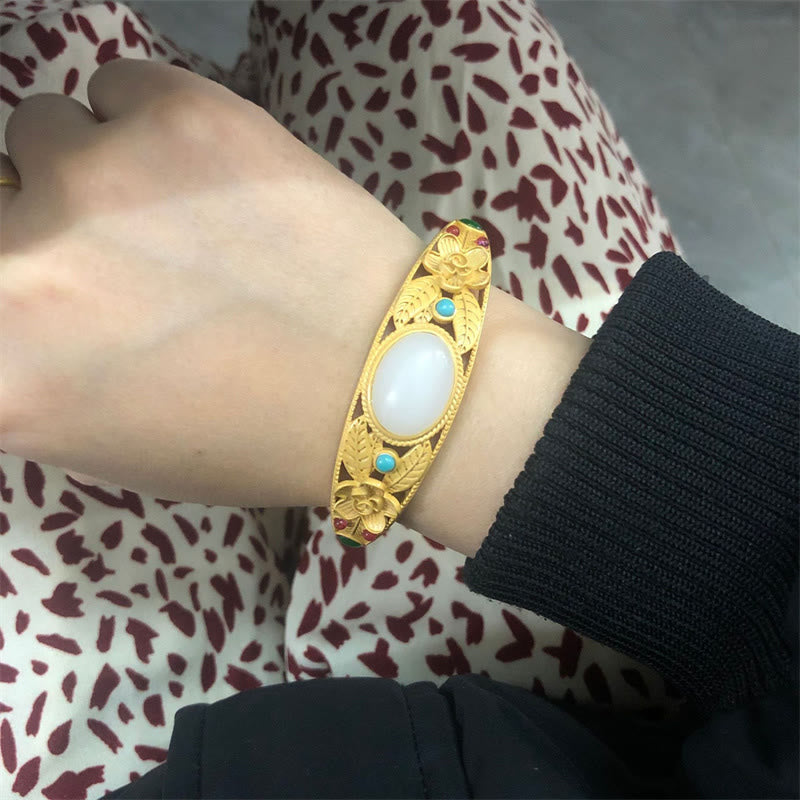 Fortune Jewel Cyan Jade White Jade Flower Leaf Harmony Luck Bracelet Bangle