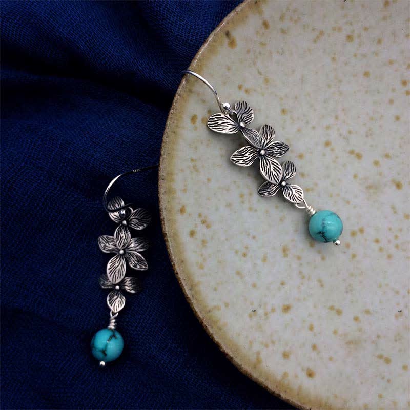 Fortune Jewel 925 Sterling Silver Turquoise Lazurite Flower Leaf Serenity Protection Hook Drop Dangle Earrings