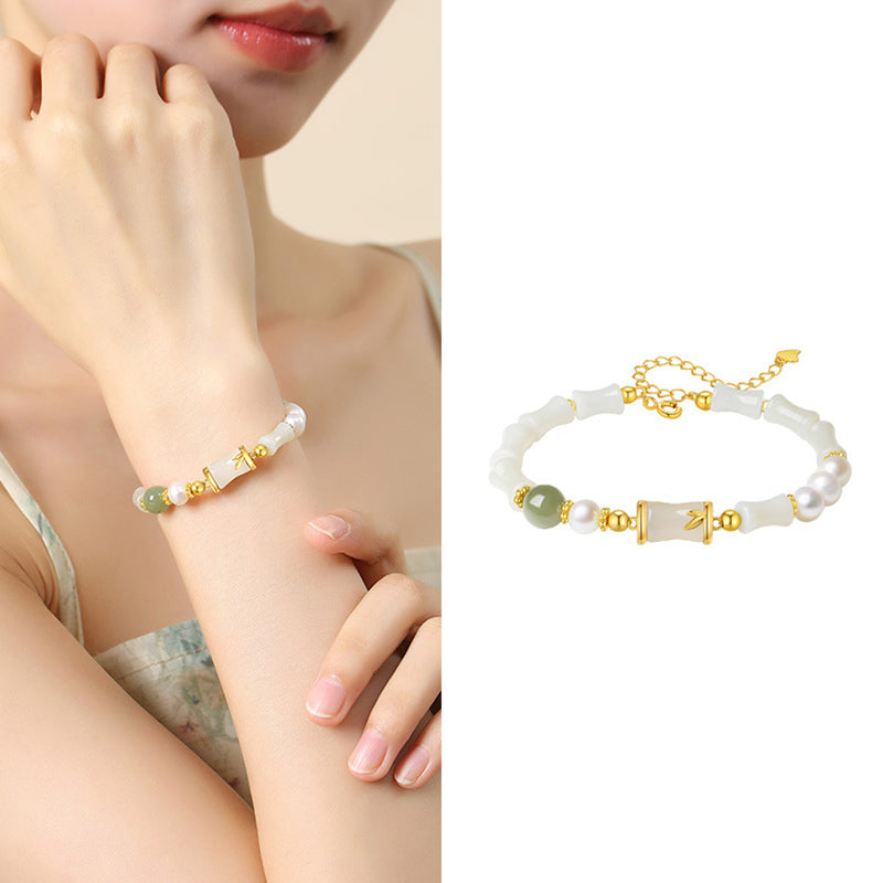 Fortune Jewel 925 Sterling Silver Natural Hetian White Jade Bamboo Luck Blessing Bracelet