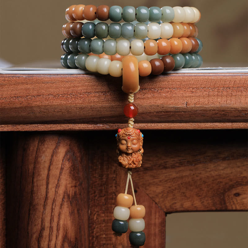 Fortune Jewel 108 Mala Beads Gradient Bodhi Seed Green Tara Buddha Engraved Peace Harmony Bracelet