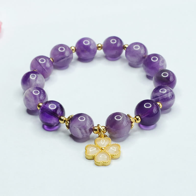 Fortune Jewel Natural Amethyst Crystal Inner Peace Four Leaf Clover Charm Bracelet