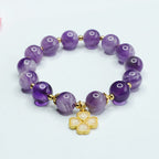 Fortune Jewel Natural Amethyst Crystal Inner Peace Four Leaf Clover Charm Bracelet