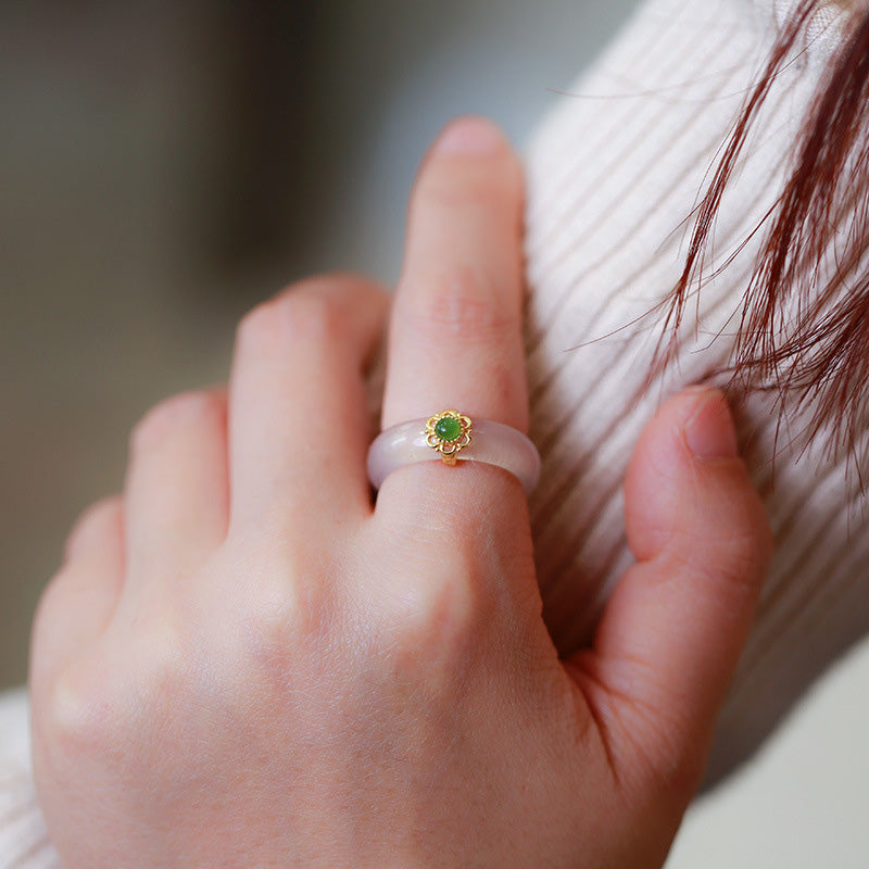 Fortune Jewel White Agate Cyan Jade Turquoise Red Agate Luck Protection Ring