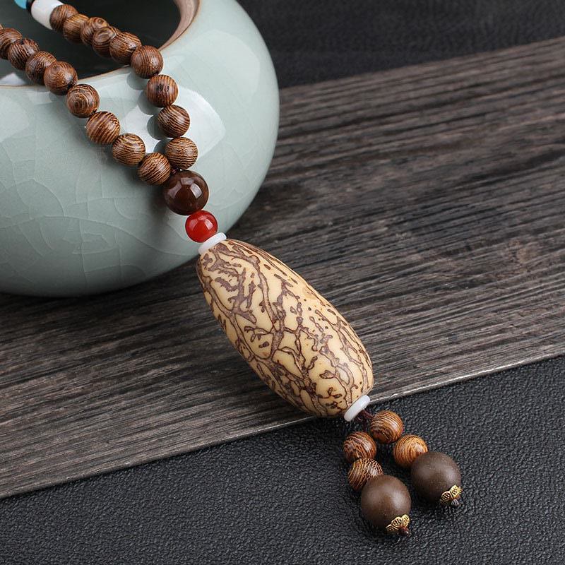Fortune Jewel Tibetan Wenge Wood Bodhi Seed Agate Balance Peace Necklace Pendant
