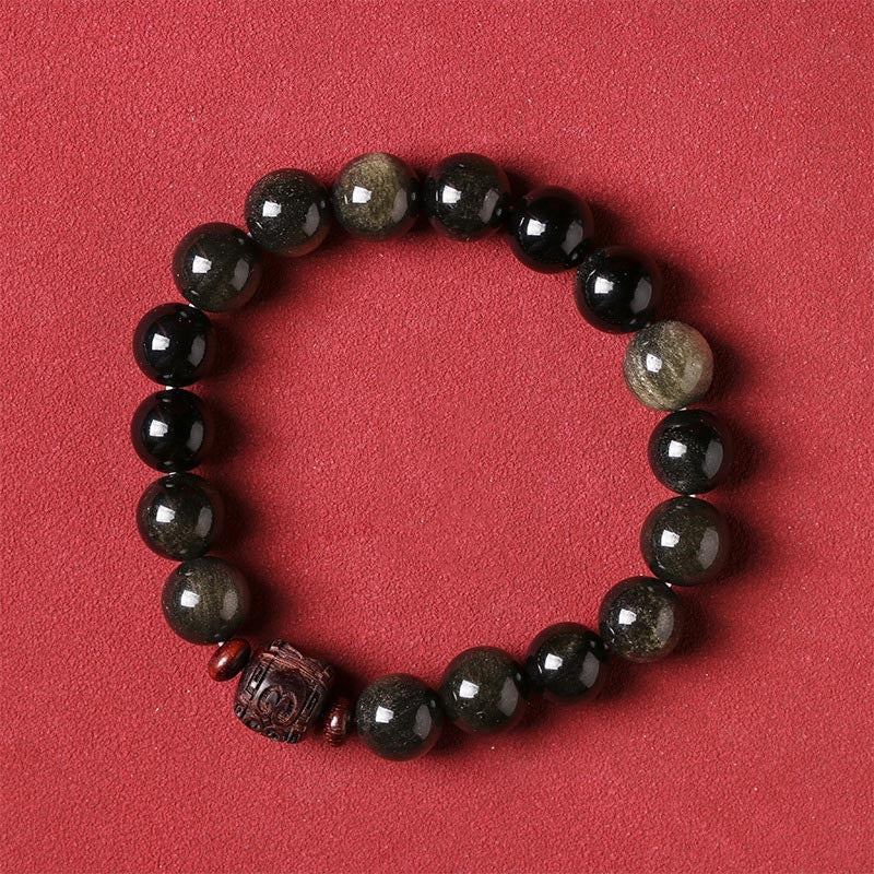 Fortune Jewel Natural Gold Sheen Obsidian Rainbow Obsidian Om Mani Padme Hum Fu Character Healing Bracelet