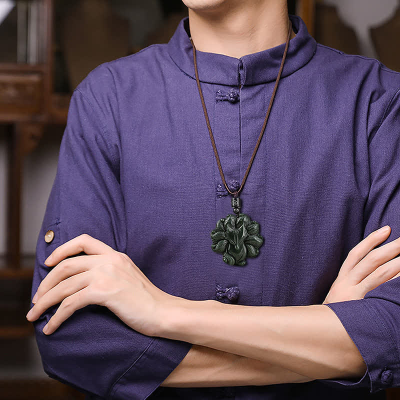Fortune Jewel Hetian Cyan Jade Nine Tailed Fox Luck Necklace String Pendant