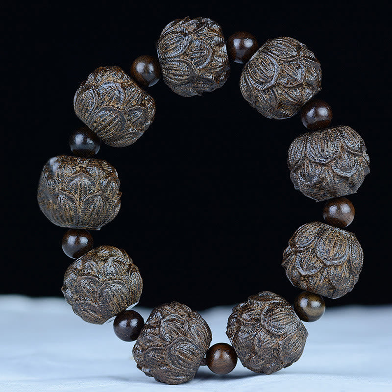 Fortune Jewel Ebony Wood Eighteen Arhats Lotus Dragon Engraved Balance Bracelet Fortune Jewel