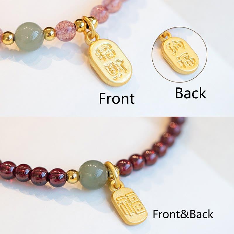 Fortune Jewel Natural Strawberry Quartz Garnet Jade Lucky Fortune Fu Character Healing Charm Bracelet