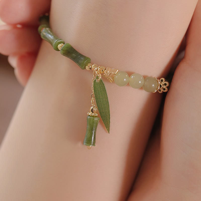 Fortune Jewel Jade Bamboo Leaf Lily Of The Valley Pattern Luck Abundance Bracelet
