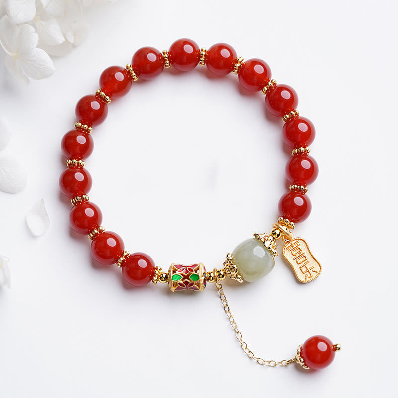 Fortune Jewel Natural Red Agate Hetian Jade Fu Character Confidence Charm Bracelet