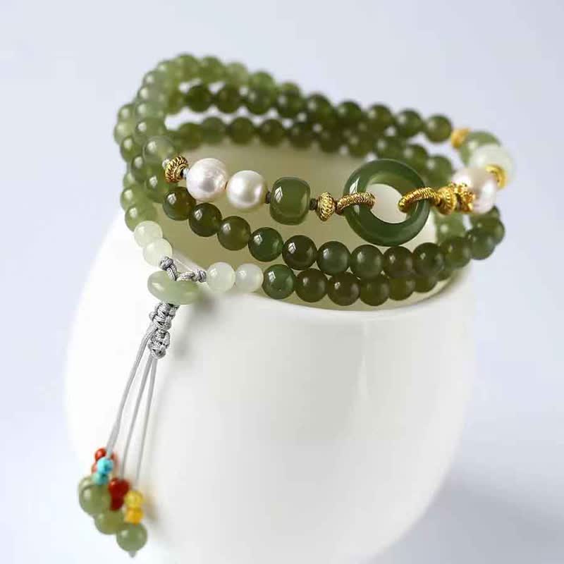Fortune Jewel Hetian Jade Pearl Peace Buckle Luck Wealth String Bracelet