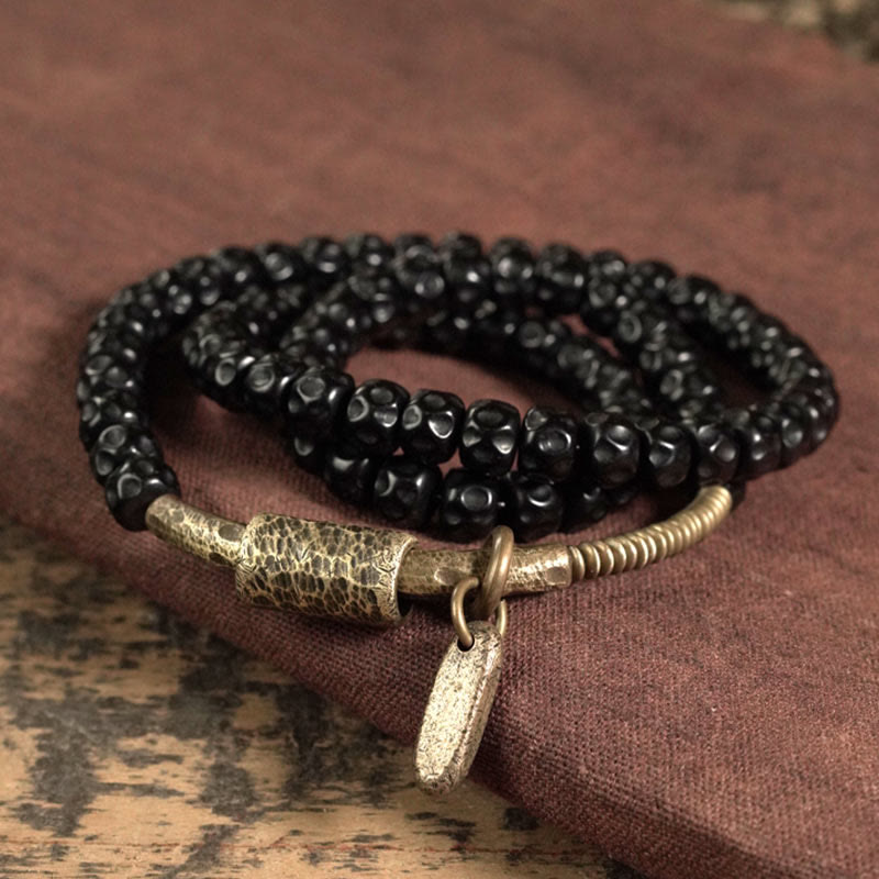Fortune Jewel Retro Coconut Shell Brass Copper Happiness Triple Wrap Bracelet