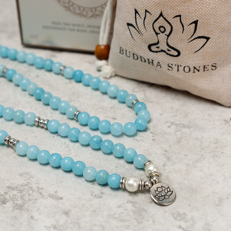 Fortune Jewel Natural Amazonite Stone Healing Lotus Mala Bracelet