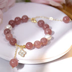 Fortune Jewel Natural Strawberry Quartz Pearl Four Leaf Clover Love Bracelet