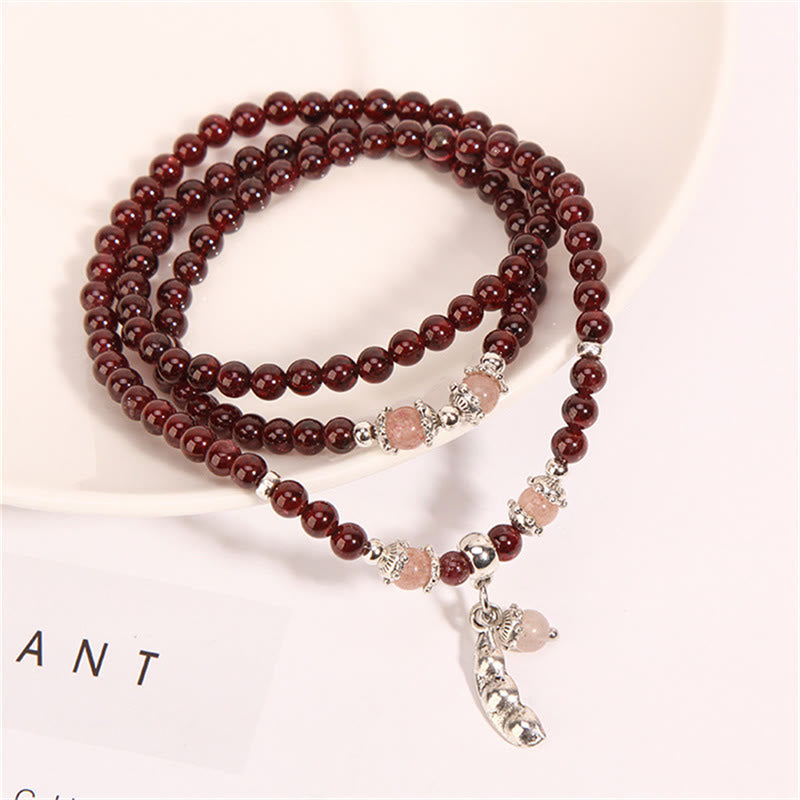 Fortune Jewel Natural Garnet Strawberry Quartz Green Beans PiXiu Protection Triple Wrap Bracelet