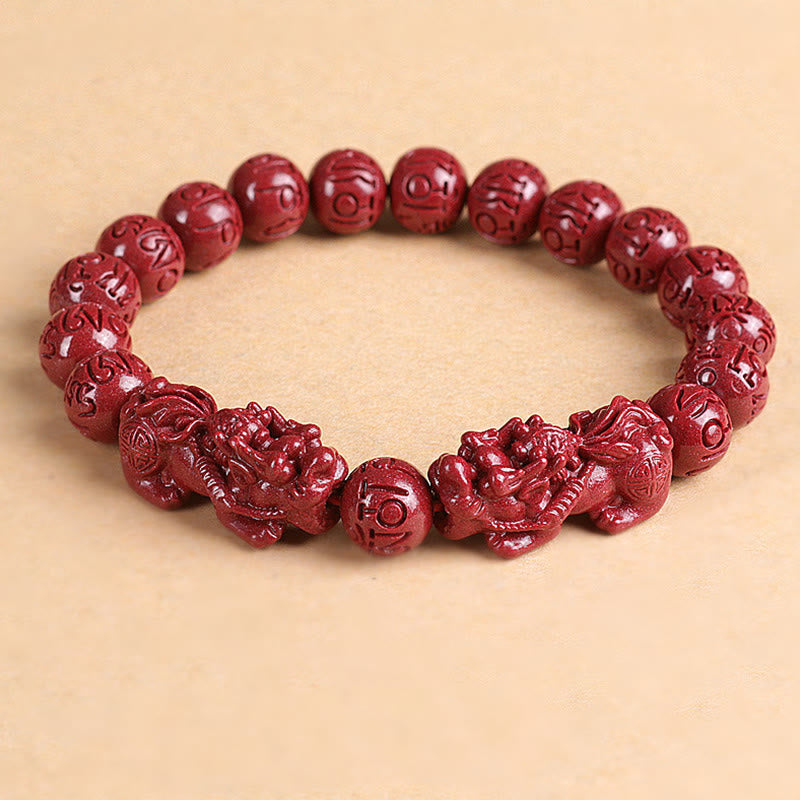 Fortune Jewel Natural Double PiXiu Cinnabar Om Mani Padme Hum Wealth Luck Bead Bracelet