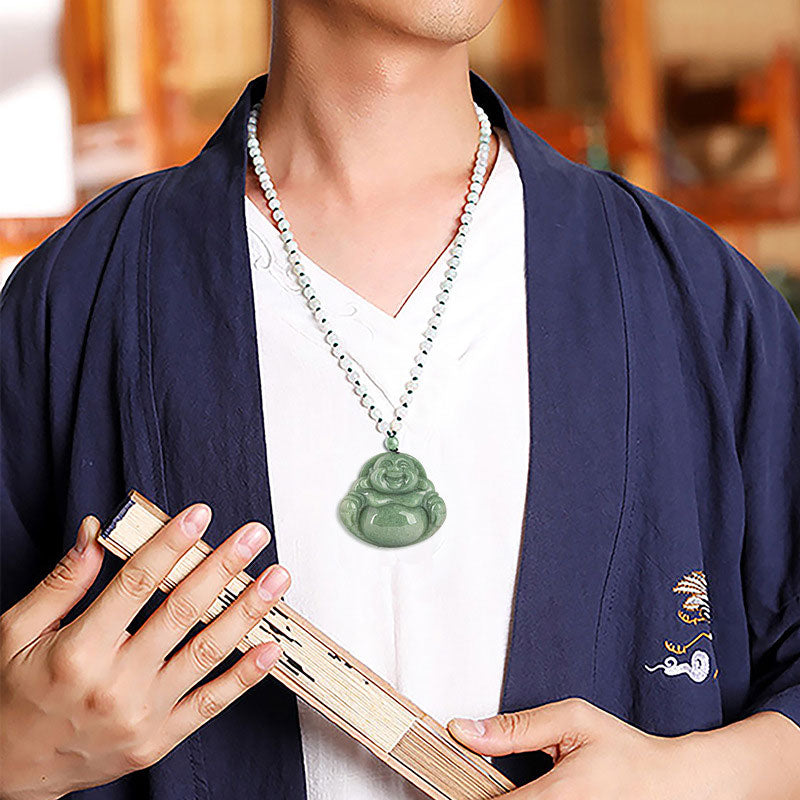 Buddha Stones Laughing Buddha Cyan Jade Harmony Necklace String Bead Pendant Fortune Jewel