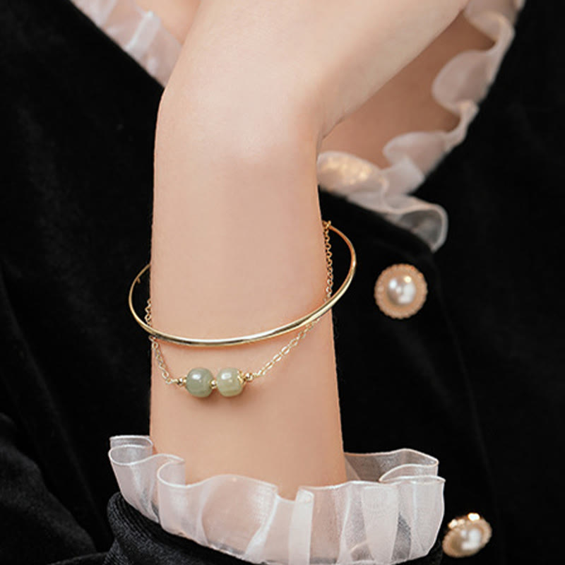 Fortune Jewel Copper Plated Gold Hetian Jade Bead Luck Double Layer Bracelet Bangle