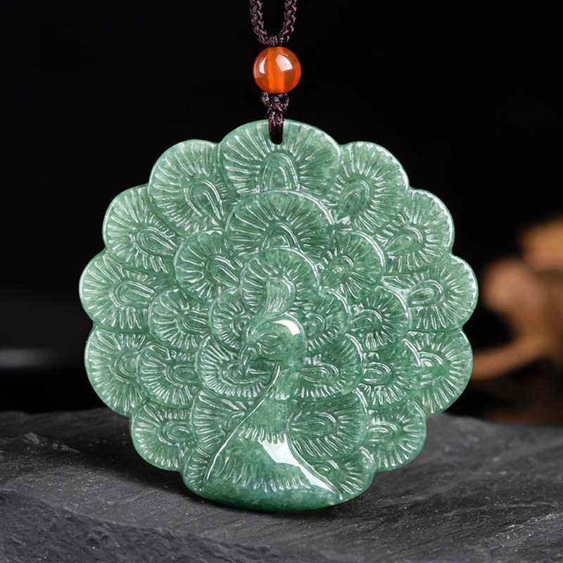 Fortune Jewel Natural Jade Peacock Luck Prosperity Necklace Pendant